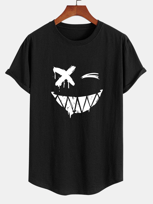 Aarón® | T-shirt in cotone con stampa di faccina sorridente e orlo ad arco
