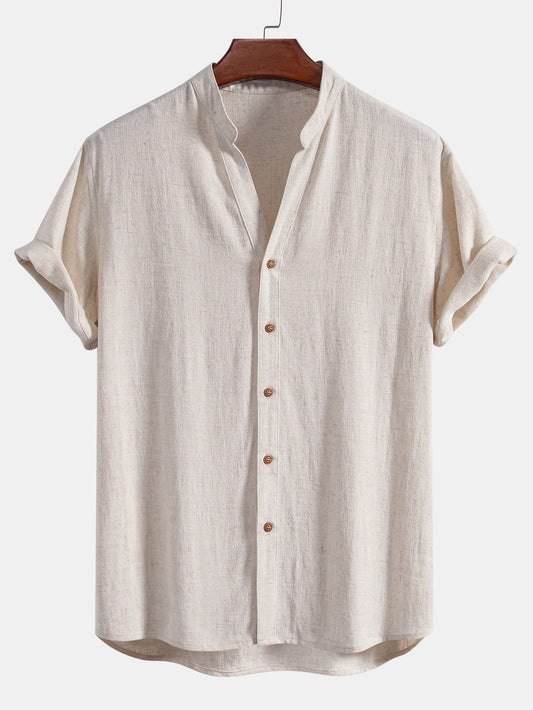 Ambrosio® | Camicia con colletto rialzato in misto lino e rayon a maniche corte